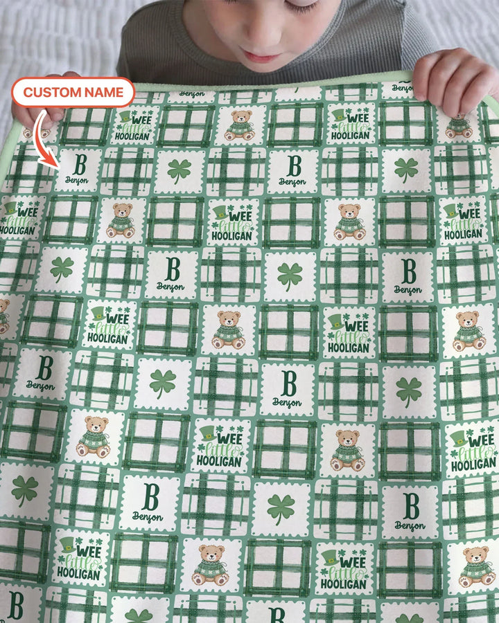 Custom Name Teddy Bear Gingham St. Patrick's Day Bamboo Blanket