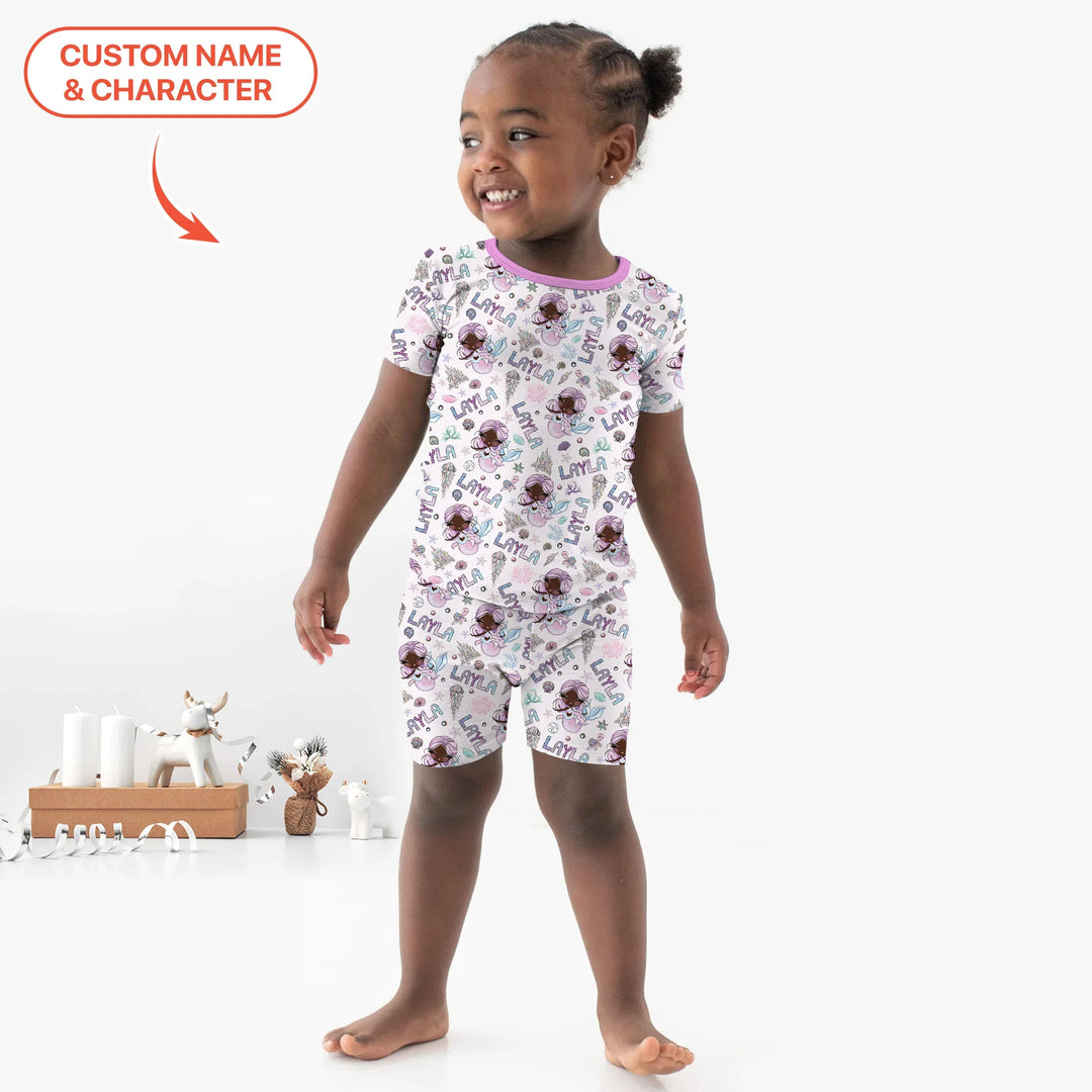 Custom Name Doodle Little Mermaid Bamboo Two Piece Short Sleeve Shorts Pajama Set
