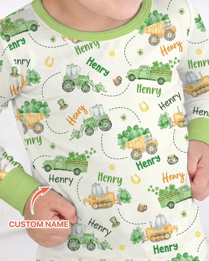 Construction St. Patrick's Day Custom Name Bamboo Two Piece Long Sleeve Pajama Set