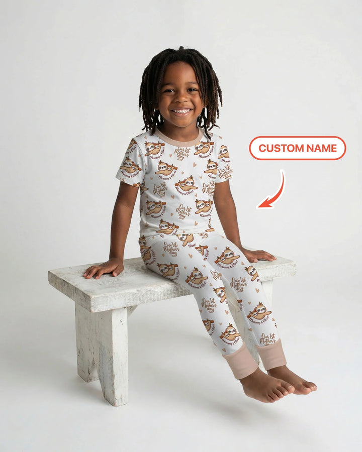 Custom Name Mama & Baby Sloth – Our First Mother’s Day 2026 Bamboo Two Piece Short Sleeve Pajama Set