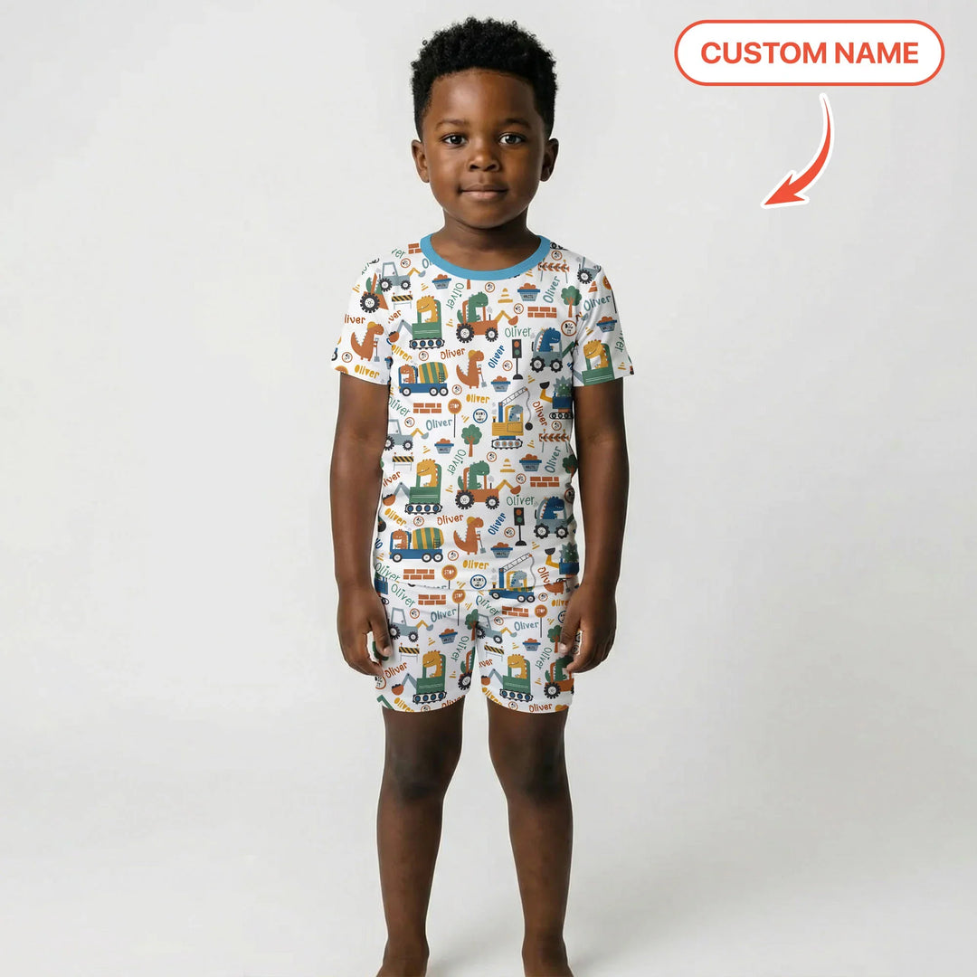 Custom Name Dino Diggers Bamboo Two Piece Short Sleeve Shorts Pajama Set