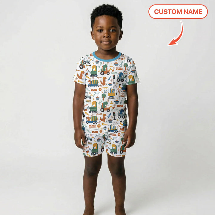 Custom Name Dino Diggers Bamboo Two Piece Short Sleeve Shorts Pajama Set