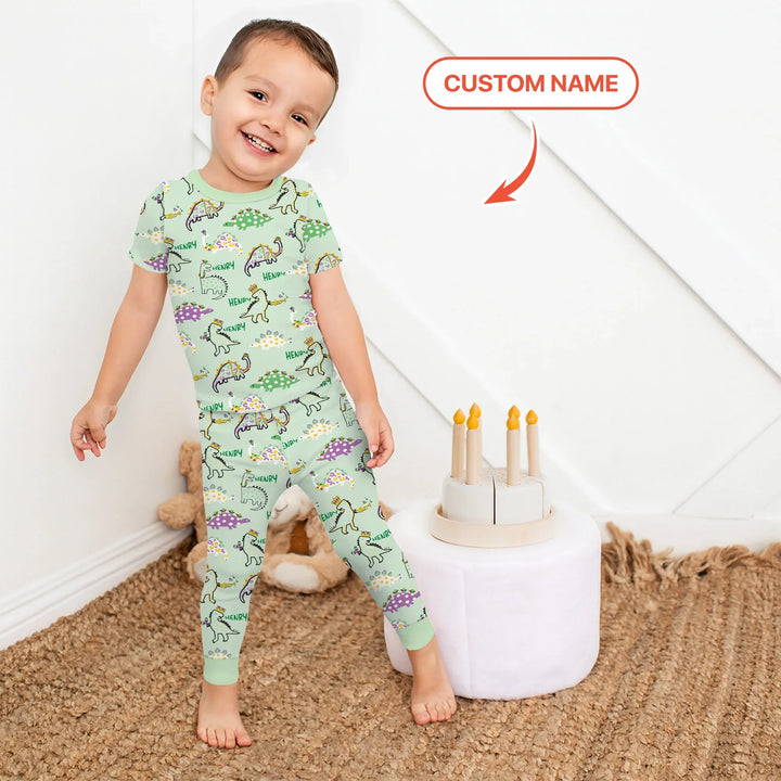 Custom Name Mardi Gras Saurus Bamboo Two Piece Short Sleeve Pajama Set