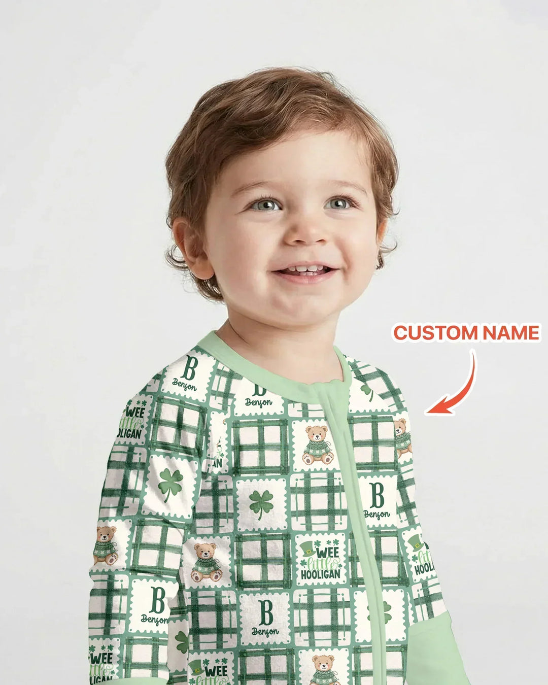 Custom Name Teddy Bear Gingham St. Patrick's Day Bamboo Convertible Zippy