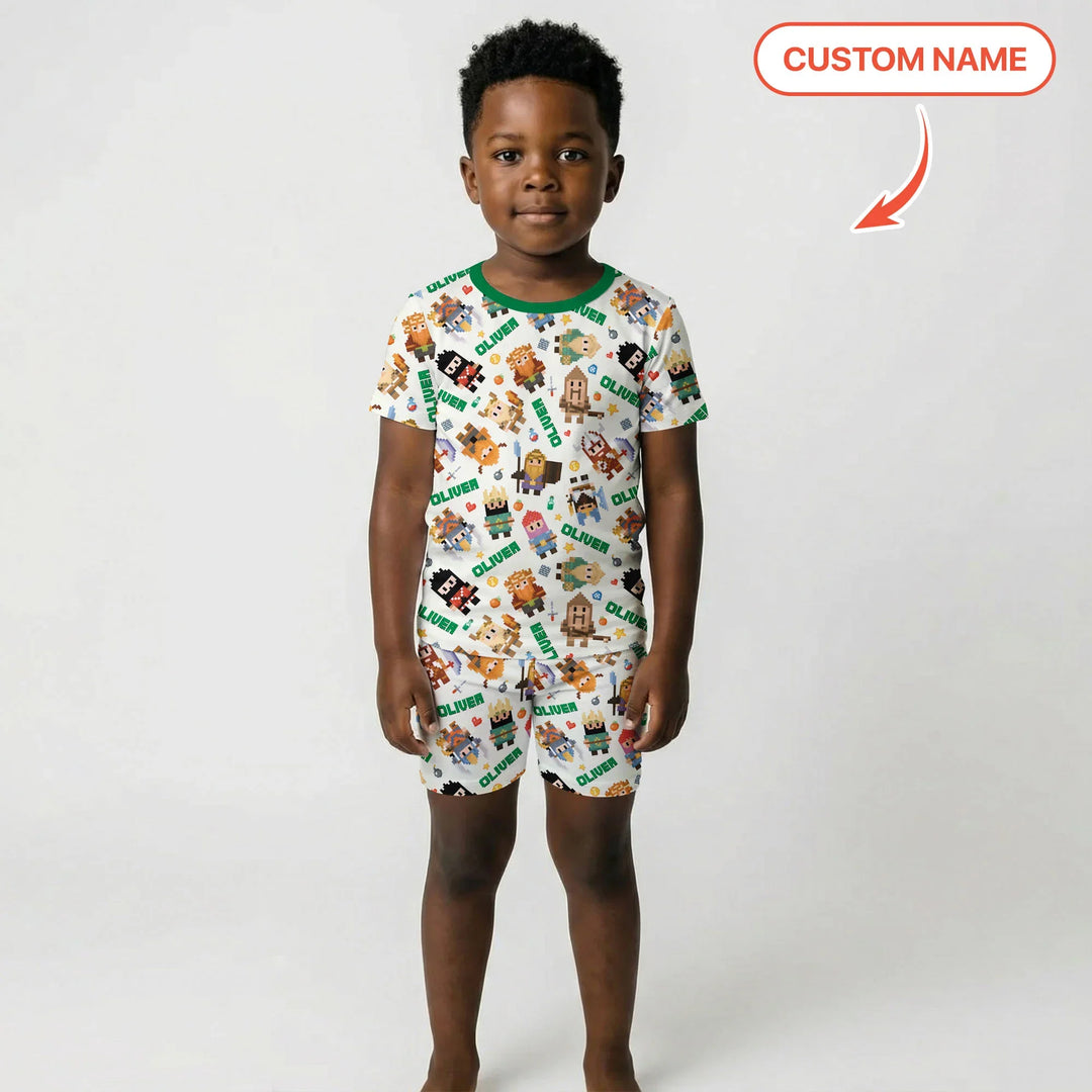 Blocky Buddy Squad Custom Name Bamboo Two Piece Short Sleeve Shorts Pajama Set