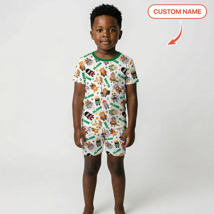 Blocky Buddy Squad Custom Name Bamboo Two Piece Short Sleeve Shorts Pajama Set