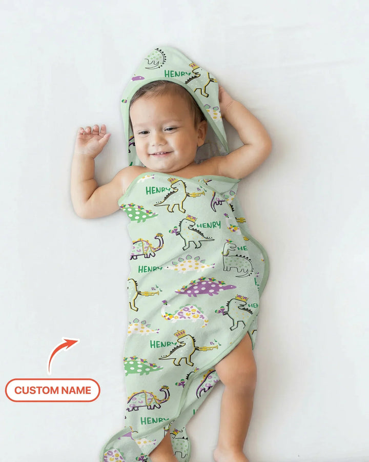 Custom Name Mardi Gras Saurus Hooded Bamboo Towel Set