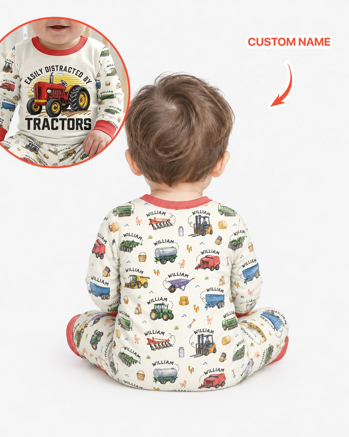 Easily Distracted By Tractors Custom Name Bamboo Two Piece Long Sleeve Pajama Set