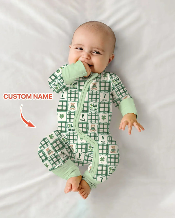 Custom Name Teddy Bear Gingham St. Patrick's Day Bamboo Convertible Zippy