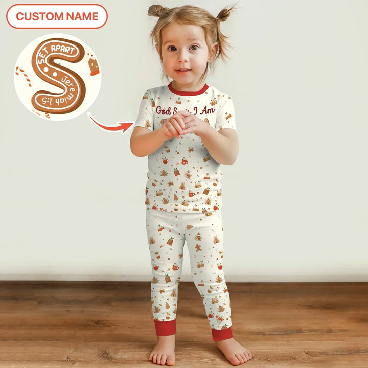 GingerBread God Says I Am Custom Name Two Piece Short Sleeve Pajama Set , GingerBread God Says I Am Custom Name Two Piece Short Sleeve Pajama Set - 12-18M