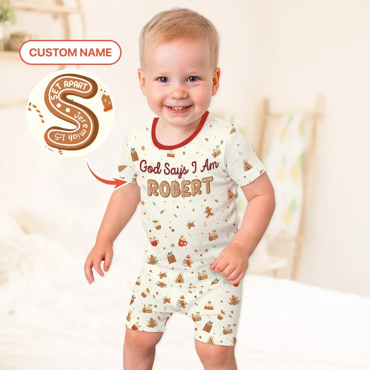 GingerBread God Says I Am Custom Name Two Piece Short Sleeve Shorts Pajama Set , GingerBread God Says I Am Custom Name Two Piece Short Sleeve Shorts Pajama Set - 12-18M