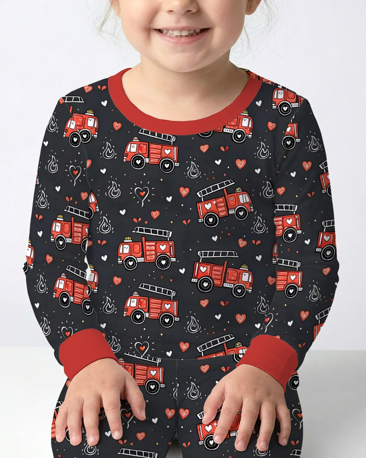 Valentine Fire Trucks Bamboo Two Piece Long Sleeve Pajama Set