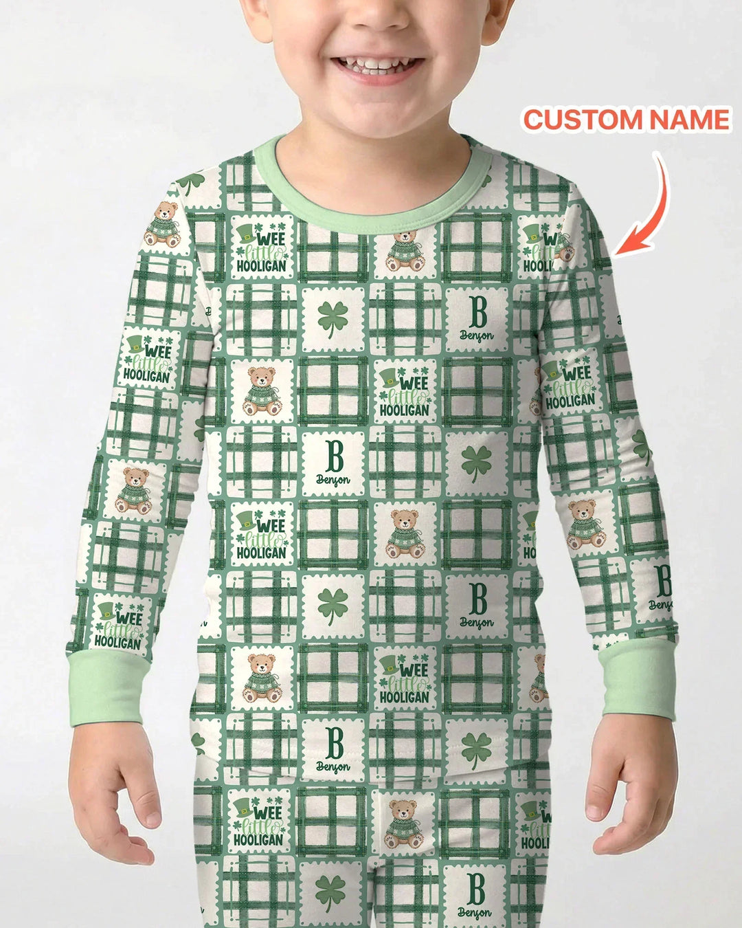 Custom Name Teddy Bear Gingham St. Patrick's Day Bamboo Two Piece Long Sleeve Pajama Set