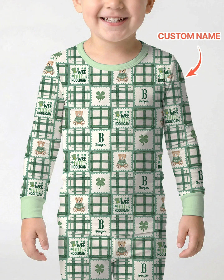 Custom Name Teddy Bear Gingham St. Patrick's Day Bamboo Two Piece Long Sleeve Pajama Set