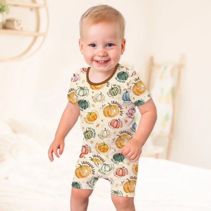 Christian Thanksgiving Two Piece Short Sleeve Shorts Pajama Set , Christian Thanksgiving Two Piece Short Sleeve Shorts Pajama Set - 12-18M / Chocolate Brown