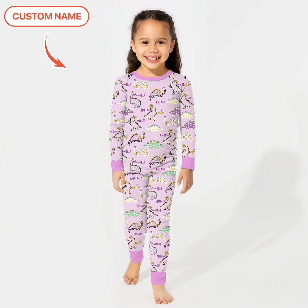 Custom Name Mardi Gras Saurus Bamboo Two Piece Long Sleeve Pajama Set
