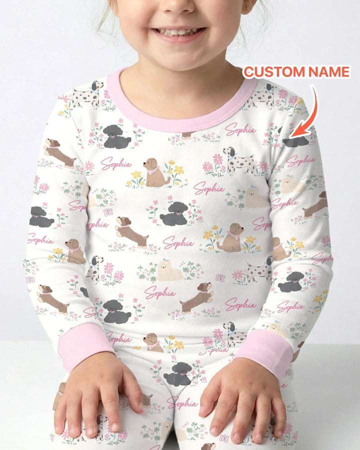 Custom Name Flower Dogs Bamboo Two Piece Long Sleeve Pajama Set