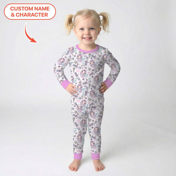 Custom Name Doodle Little Mermaid Bamboo Two Piece Long Sleeve Pajama Set