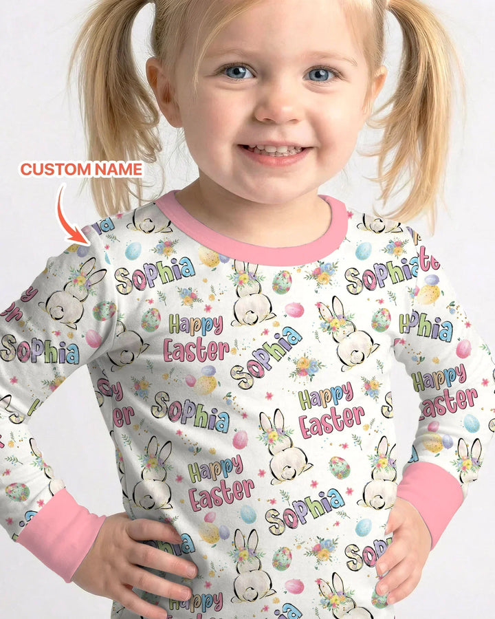 Personalized Happy Easter Bunny Bamboo Two Piece Long Sleeve Pajama Set