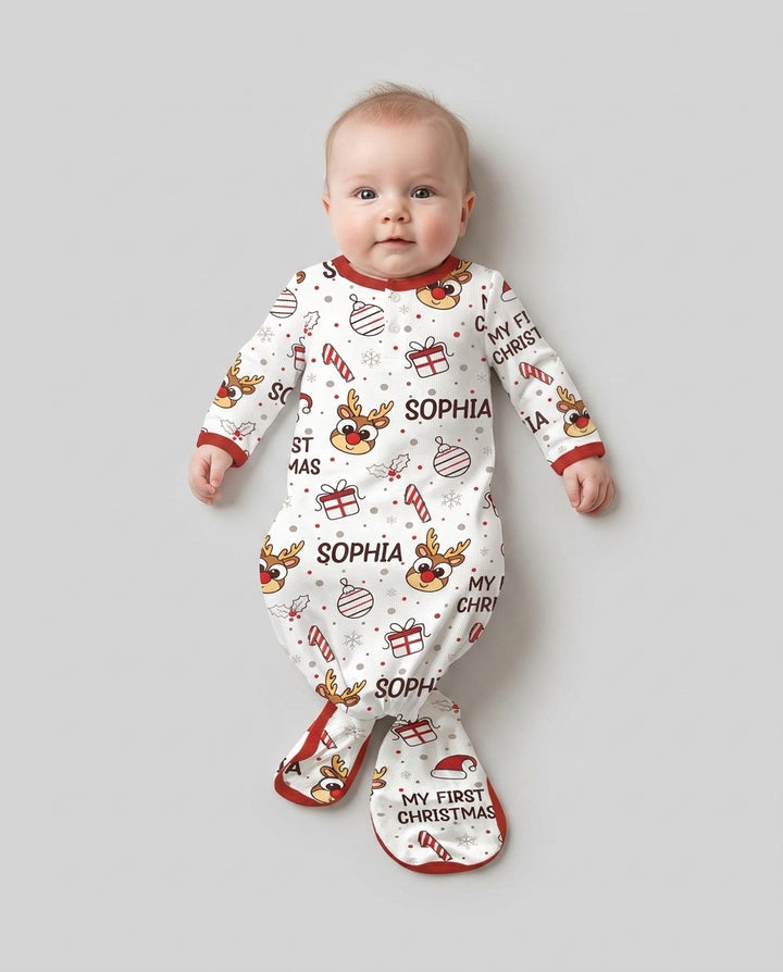 Custom Name Reindeer Doodle My First Christmas Bamboo Knot Gown
