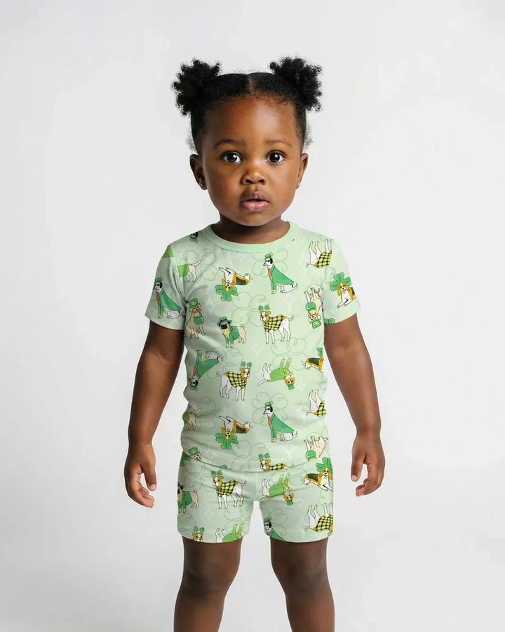 St. Patrick's Day Puppies Bamboo Two Piece Short Sleeve Shorts Pajama Set