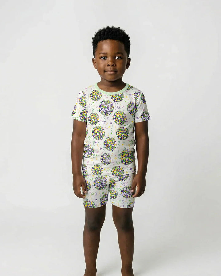 Mardi Gras Disco Ball Bamboo Two Piece Short Sleeve Shorts Pajama Set
