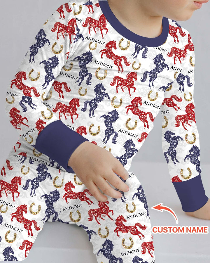 Custom Name Chinoiserie Horses Bamboo Two Piece Long Sleeve Pajama Set