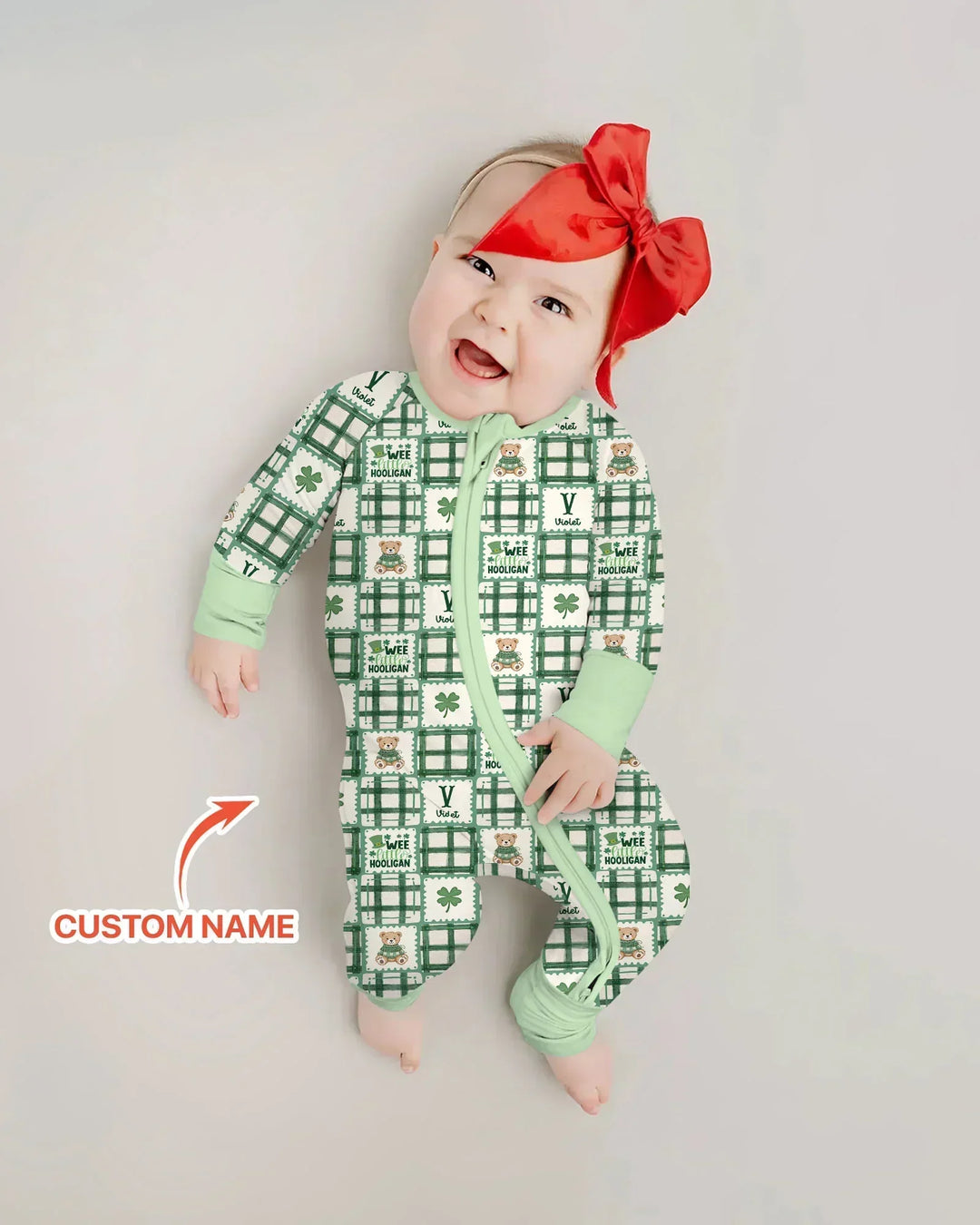Custom Name Teddy Bear Gingham St. Patrick's Day Bamboo Convertible Zippy