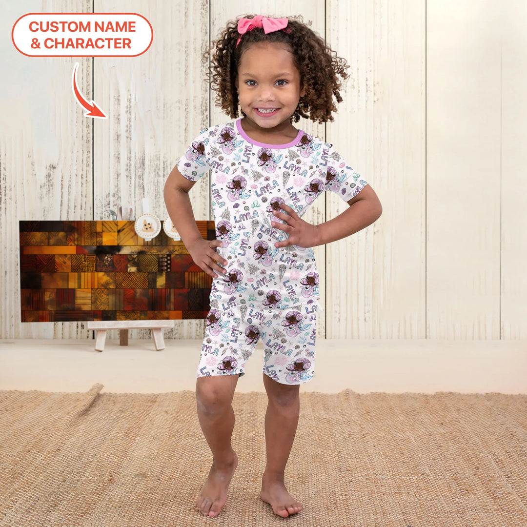 Custom Name Doodle Little Mermaid Bamboo Two Piece Short Sleeve Shorts Pajama Set