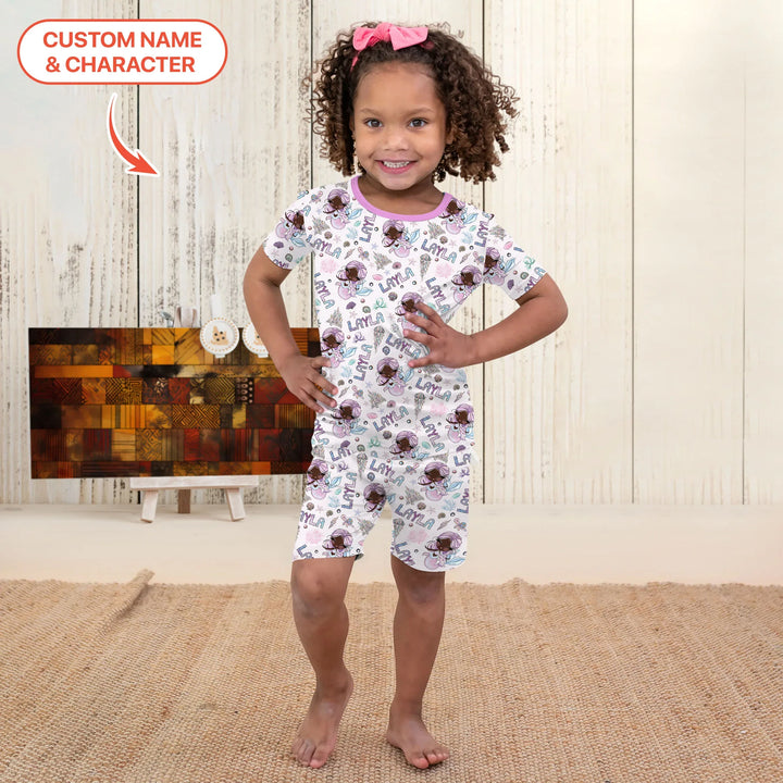 Custom Name Doodle Little Mermaid Bamboo Two Piece Short Sleeve Shorts Pajama Set
