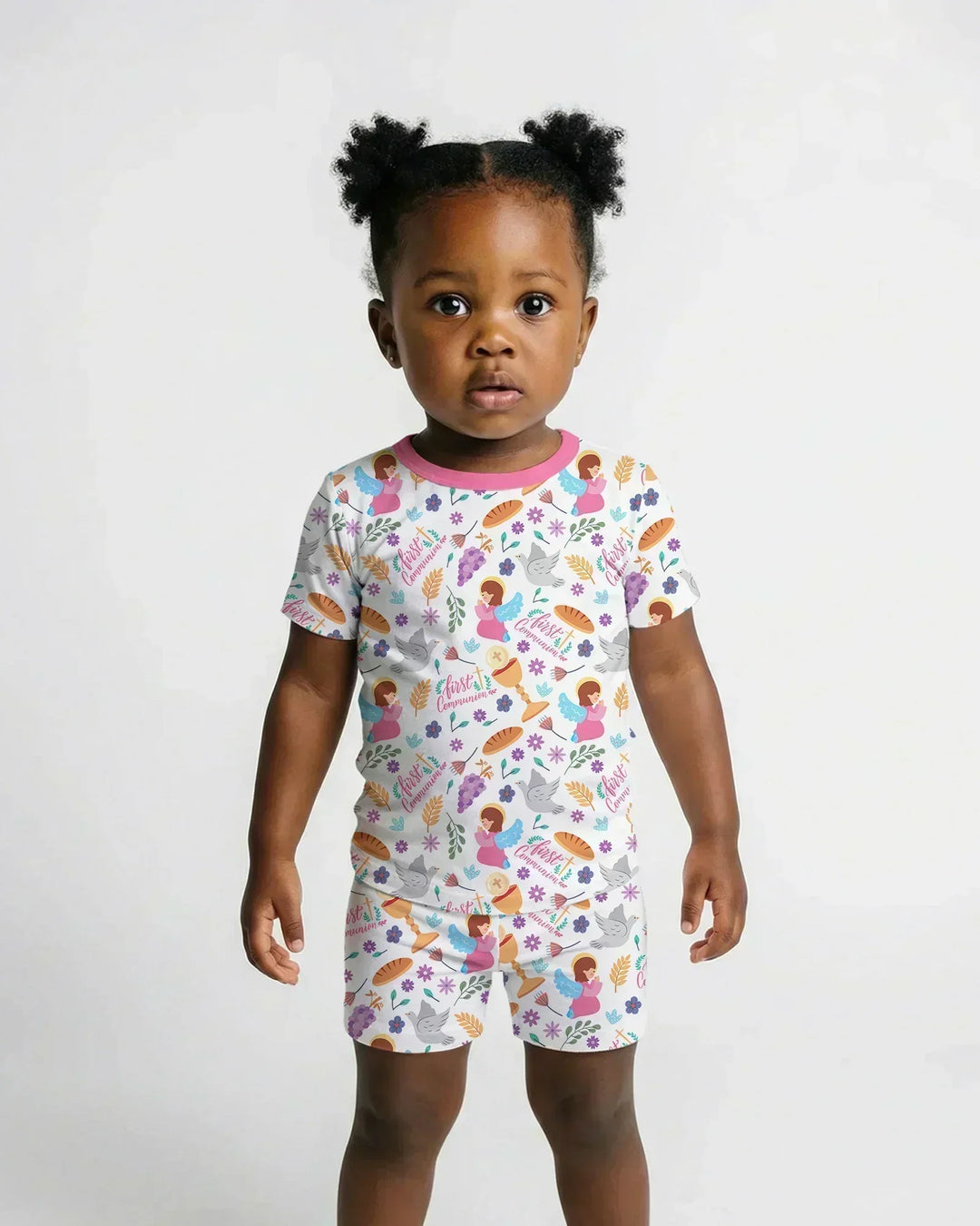 First Communion Bamboo Two Piece Short Sleeve Shorts Pajama Set