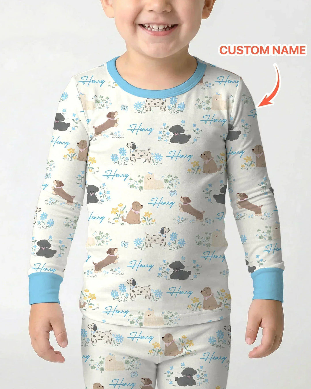 Custom Name Flower Dogs Bamboo Two Piece Long Sleeve Pajama Set