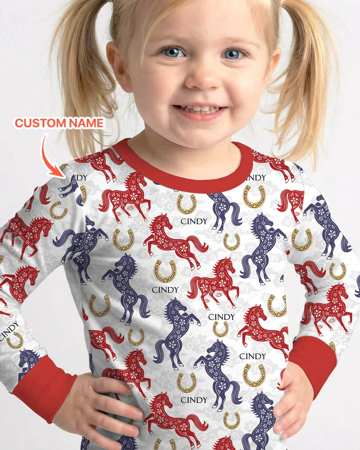 Custom Name Chinoiserie Horses Bamboo Two Piece Long Sleeve Pajama Set