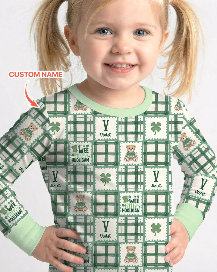 Custom Name Teddy Bear Gingham St. Patrick's Day Bamboo Two Piece Long Sleeve Pajama Set