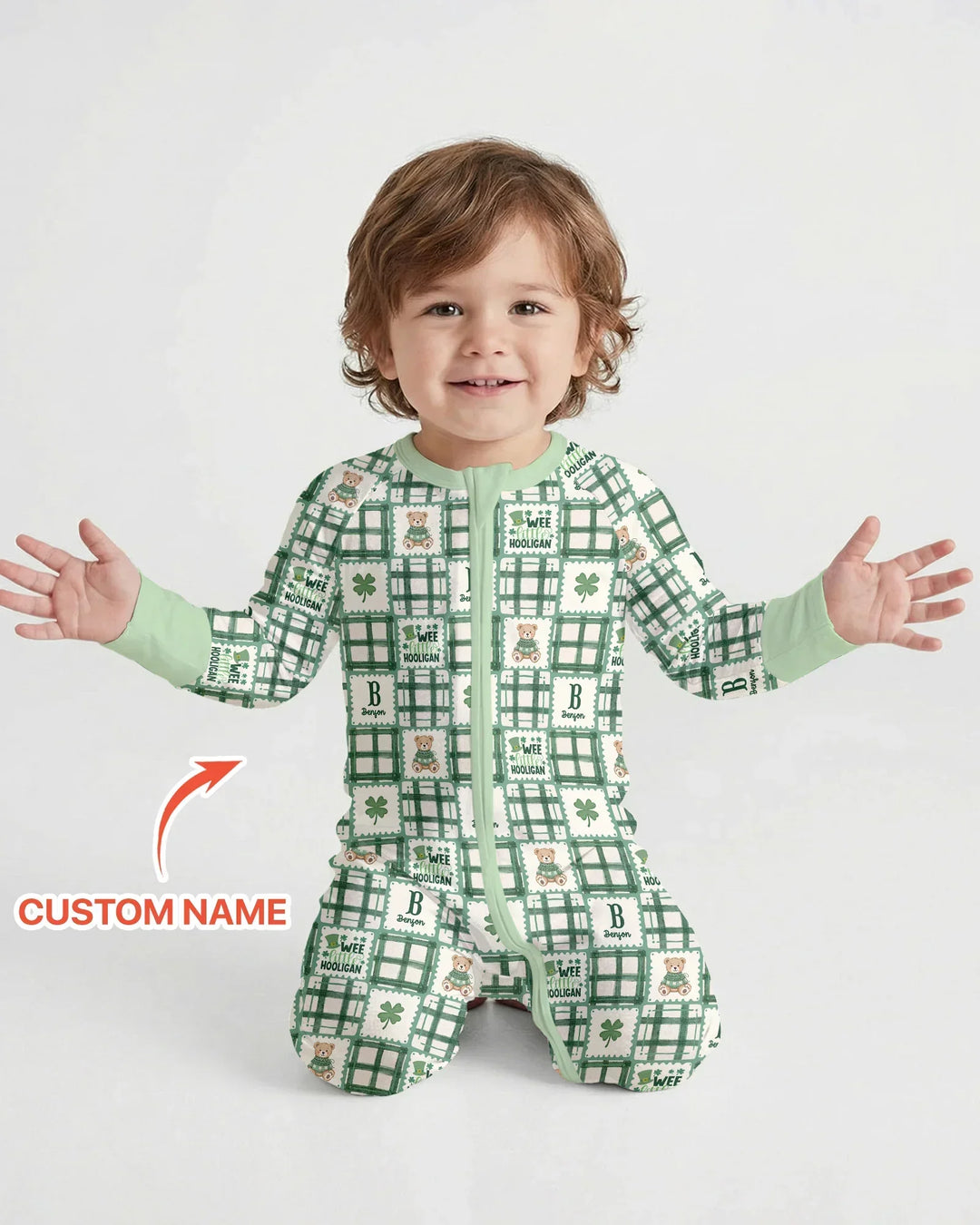Custom Name Teddy Bear Gingham St. Patrick's Day Bamboo Convertible Zippy