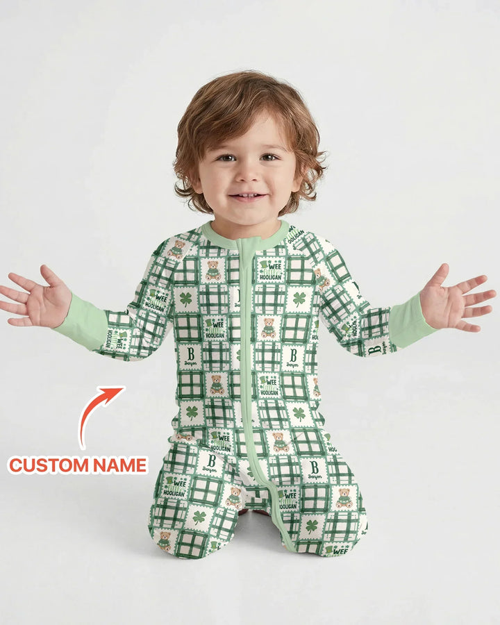 Custom Name Teddy Bear Gingham St. Patrick's Day Bamboo Convertible Zippy
