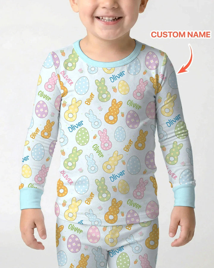 Custom Name Spring Pastel Easter Bamboo Two Piece Long Sleeve Pajama Set