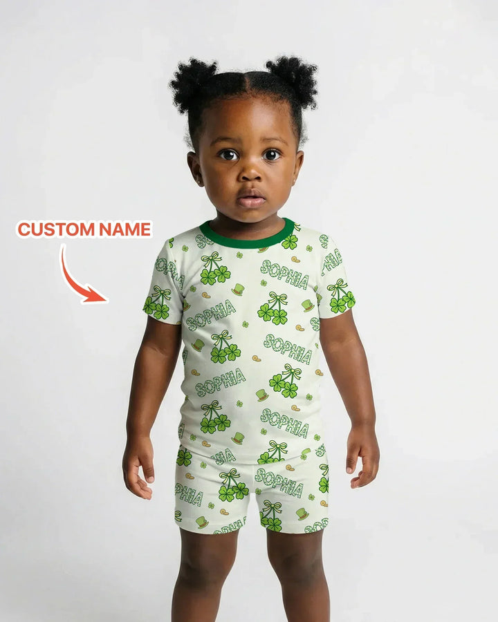 Custom Name Lucky Little Shamrock Bamboo Two Piece Short Sleeve Shorts Pajama Set