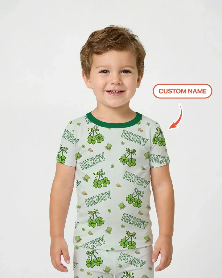 Custom Name Lucky Little Shamrock Bamboo Two Piece Short Sleeve Pajama Set