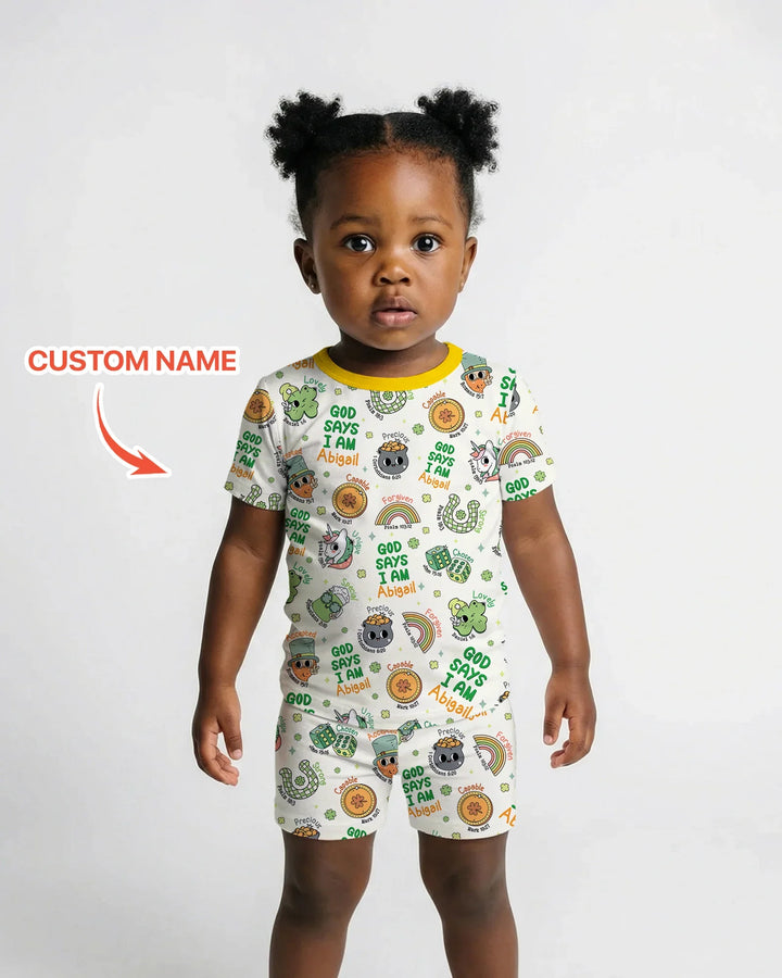 Personalized God Says I Am St. Patrick's Day Family Matching Bamboo Two Piece Short Sleeve Shorts Pajama Set
