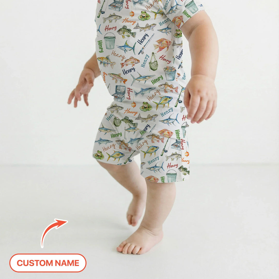 Happy Fishing Adventure Custom Name Bamboo Two Piece Short Sleeve Shorts Pajama Set