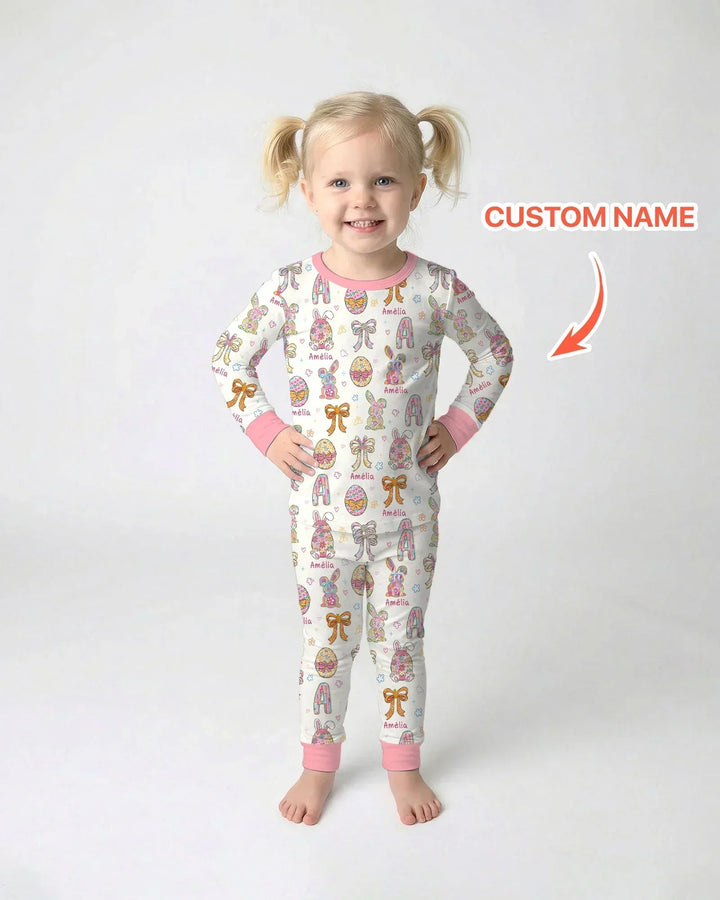 Happy Easter Custom Name Bamboo Two Piece Long Sleeve Pajama Set