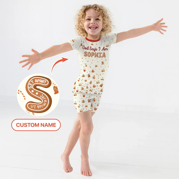 GingerBread God Says I Am Custom Name Two Piece Short Sleeve Shorts Pajama Set , GingerBread God Says I Am Custom Name Two Piece Short Sleeve Shorts Pajama Set - 12-18M