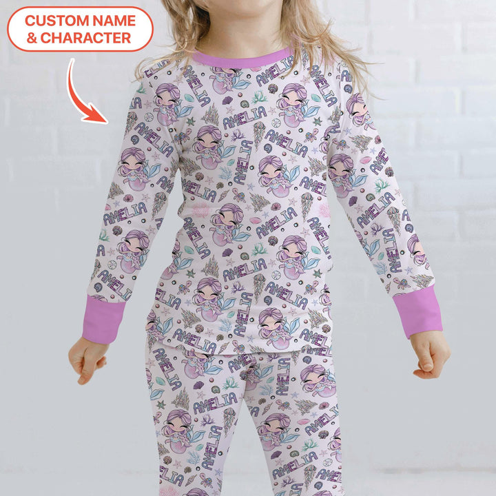 Custom Name Doodle Little Mermaid Bamboo Two Piece Long Sleeve Pajama Set