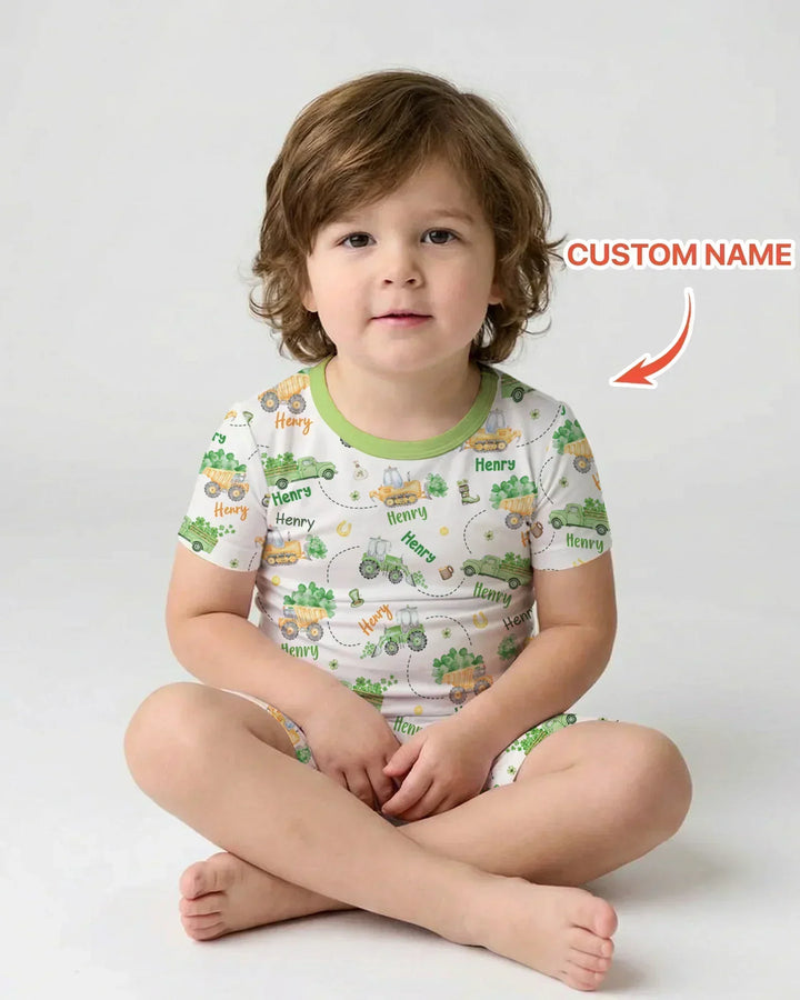 Construction St. Patrick's Day Custom Name Bamboo Two Piece Short Sleeve Shorts Pajama Set
