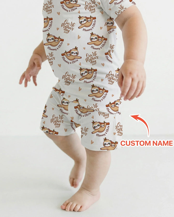 Custom Name Mama & Baby Sloth – Our First Mother’s Day 2026 Bamboo Two Piece Short Sleeve Shorts Pajama Set