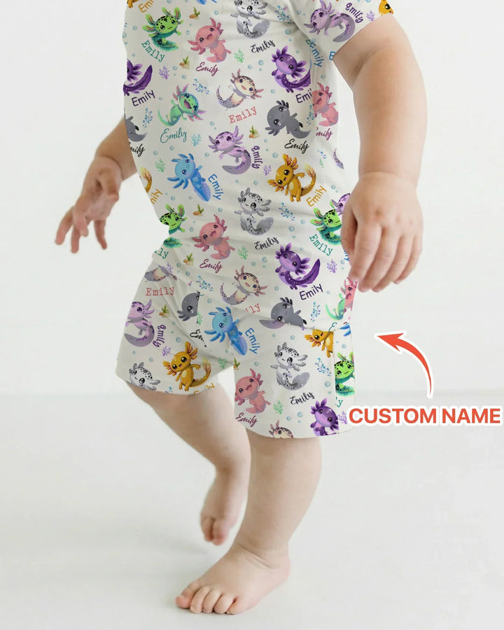 I Love You Axolotl Custom Name Bamboo Two Piece Short Sleeve Shorts Pajama Set