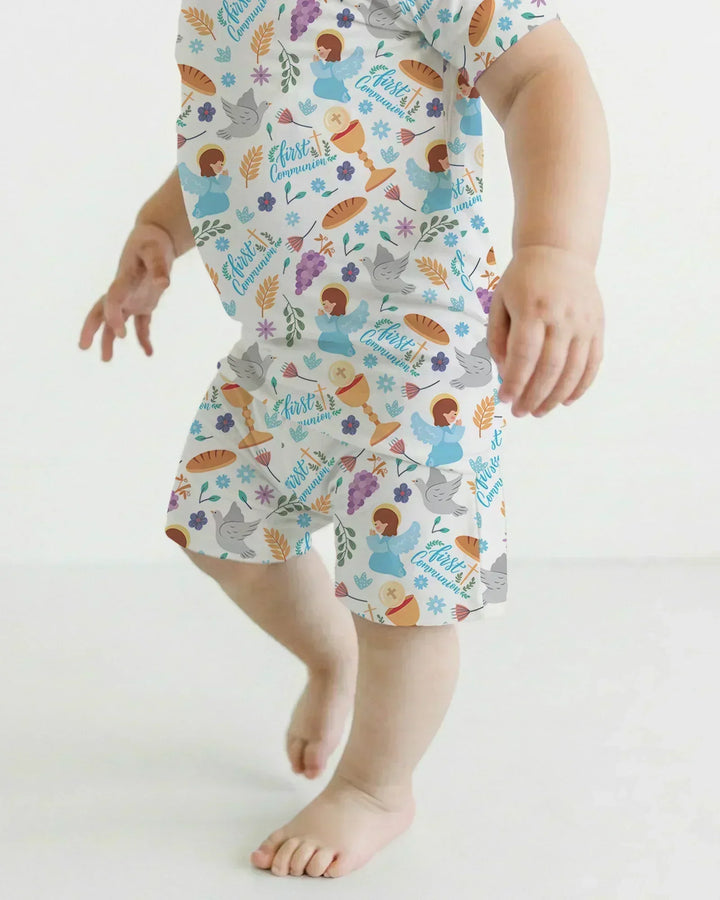 First Communion Bamboo Two Piece Short Sleeve Shorts Pajama Set