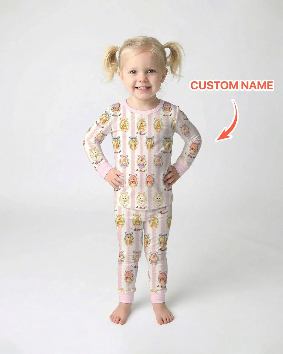 Custom Name Vintage Easter Bunny Bamboo Two Piece Long Sleeve Pajama Set