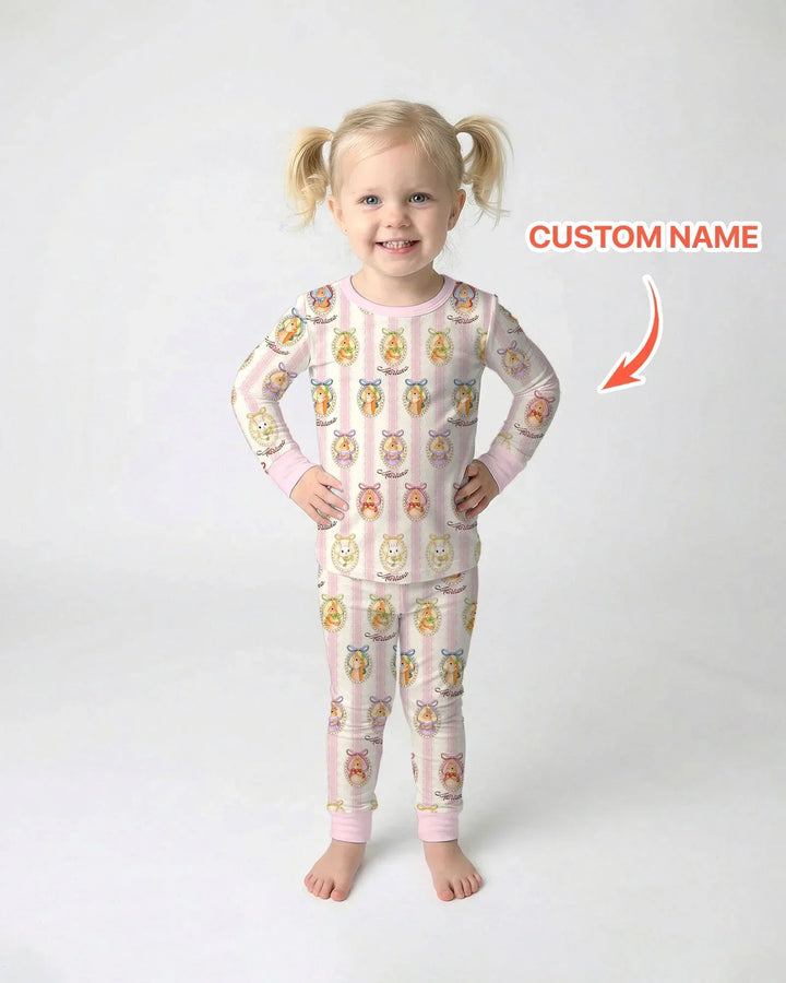 Custom Name Vintage Easter Bunny Bamboo Two Piece Long Sleeve Pajama Set